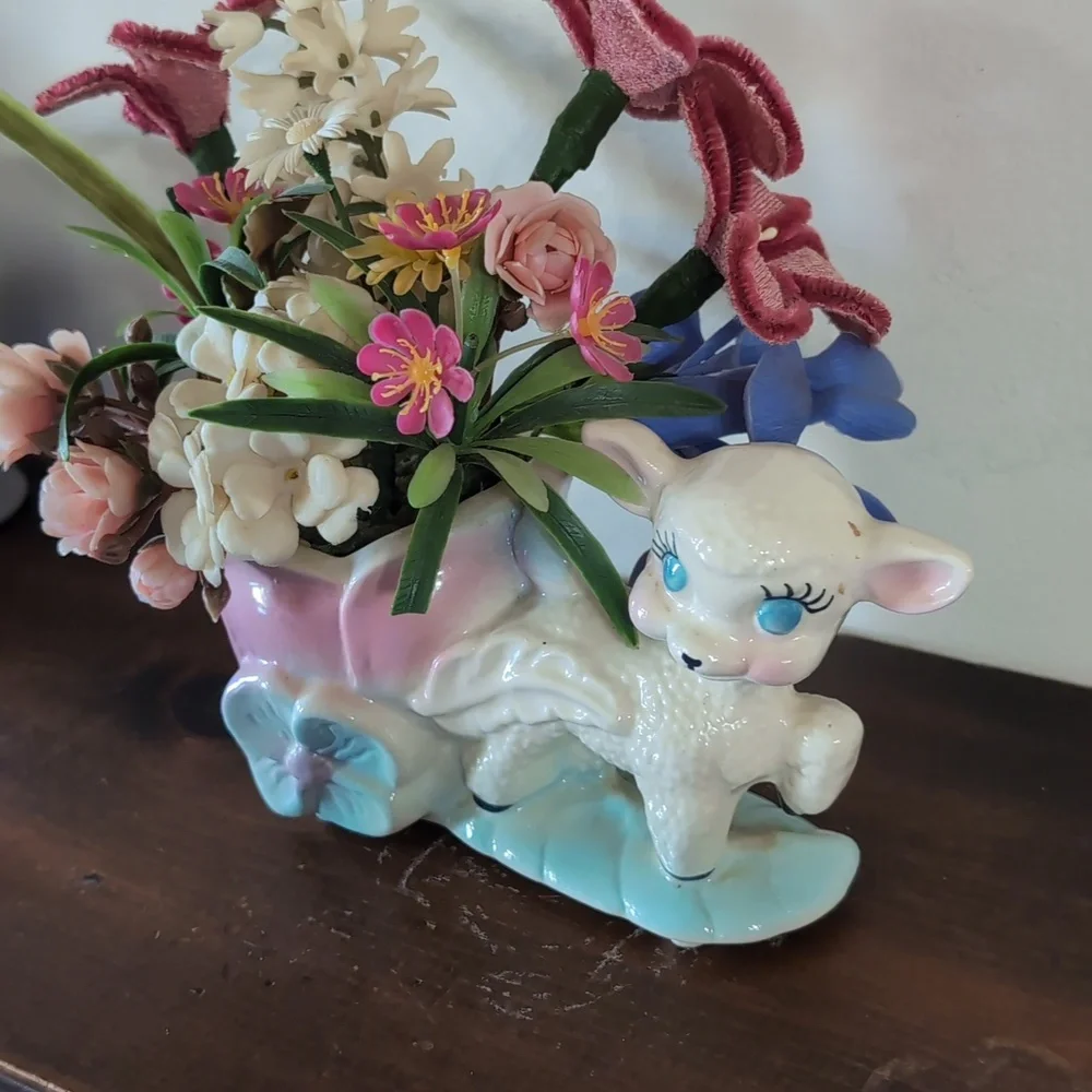 Charming Pastel Lamb Planter with Flowers Cottagecore Vintage Blue Pink Decor